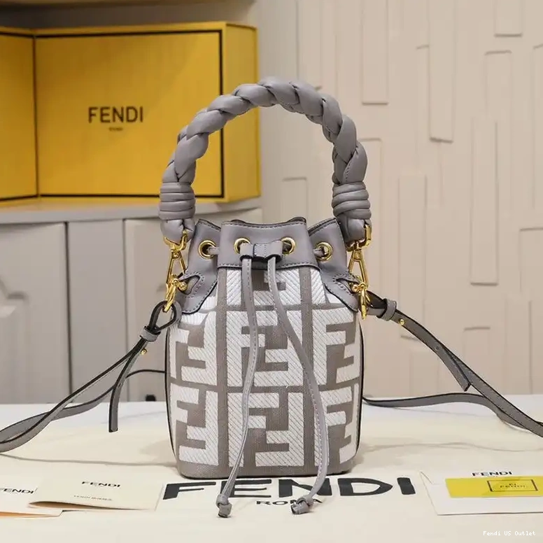 Cheap HOT In Bucket FF Tresor Woven with Bag Motif Mon Mini Canvas Handle Grey Fendi 0514